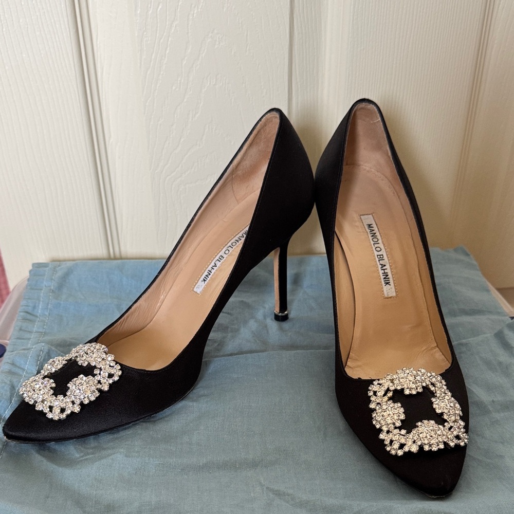 Manolo Blahnik Hangisi Black Satin Heels with Crystal Buckle 39.5